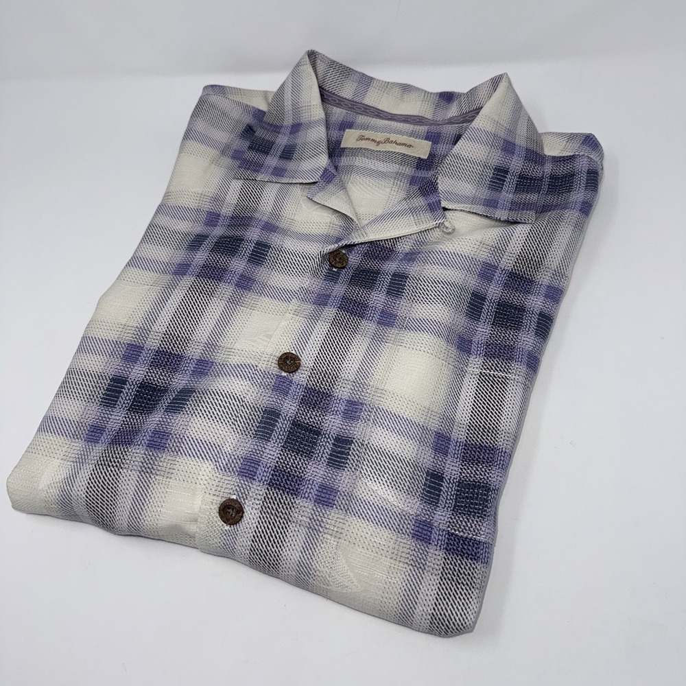 Tommy Bahama Mens Large Purple Plaid 100% Silk Short Sleeve Button Front Shirt